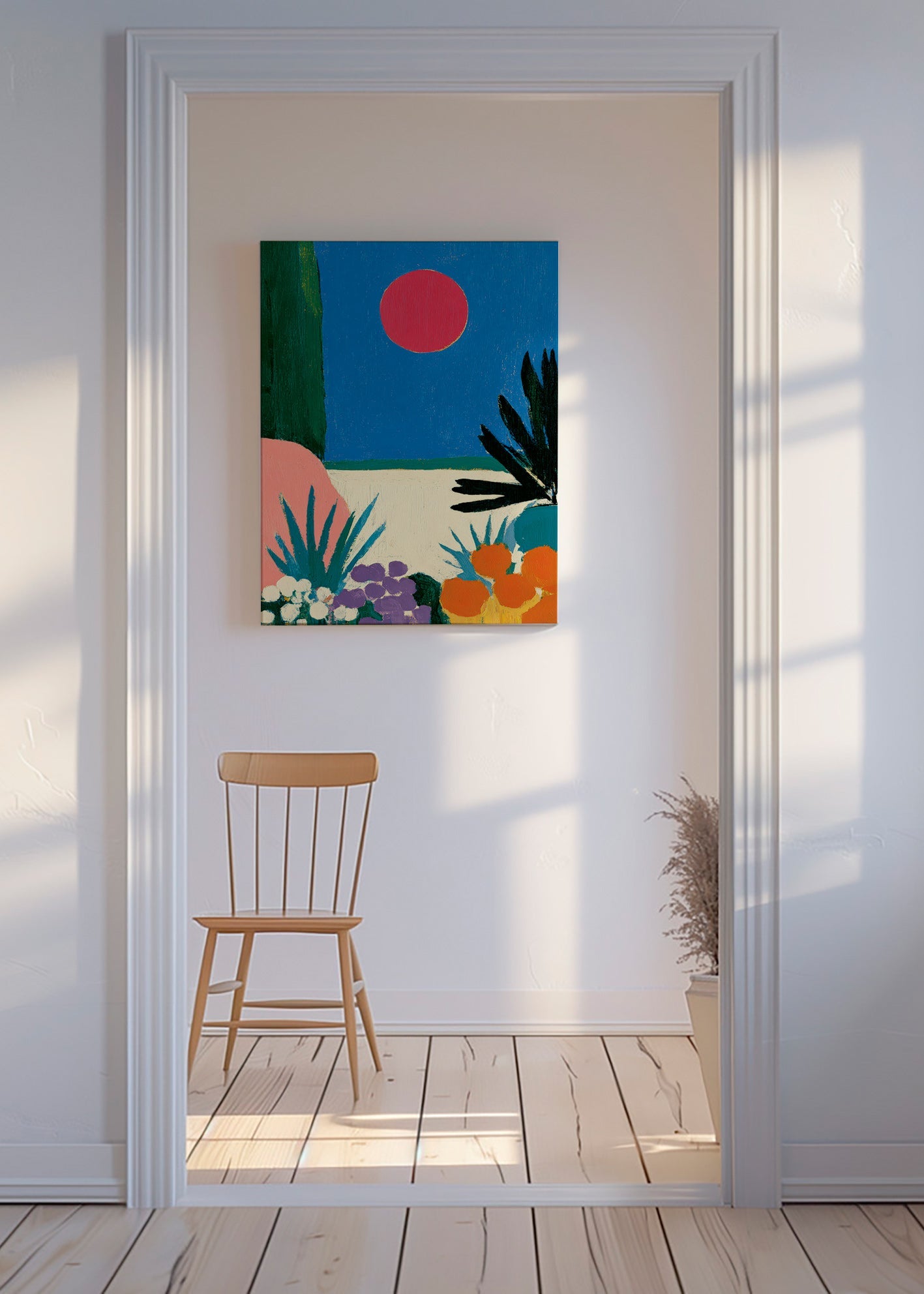Botanische print met rode maan en gestileerde tuin