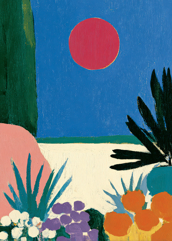 Botanische print met rode maan en gestileerde tuin