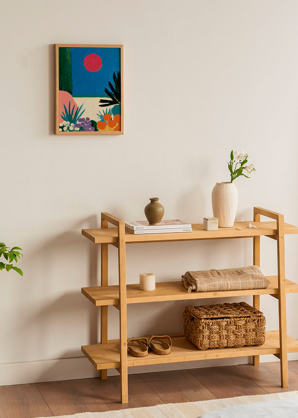 Botanische print met rode maan en gestileerde tuin