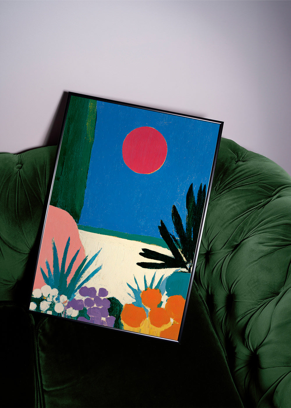 Botanische print met rode maan en gestileerde tuin