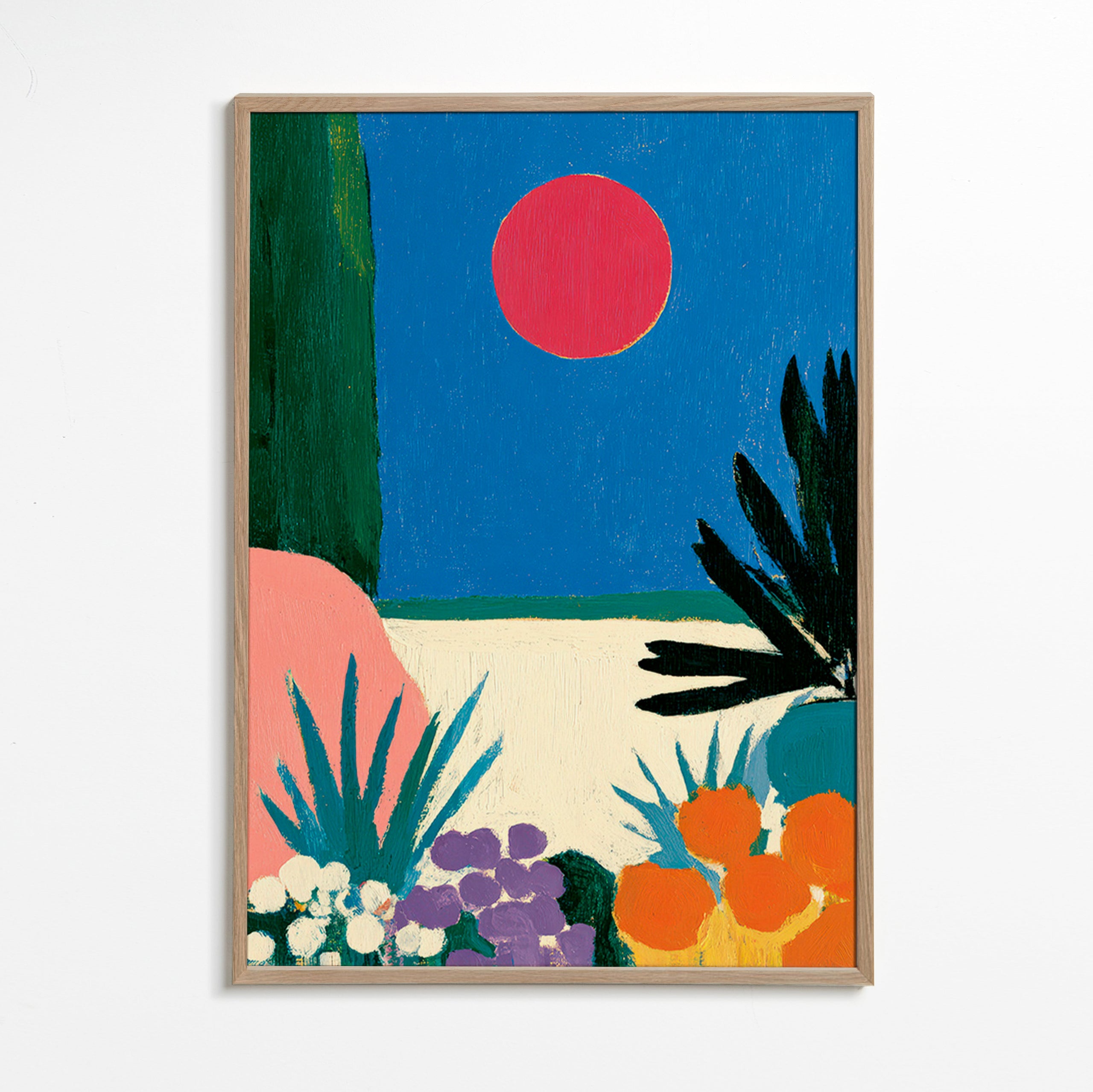 Botanische print met rode maan en gestileerde tuin