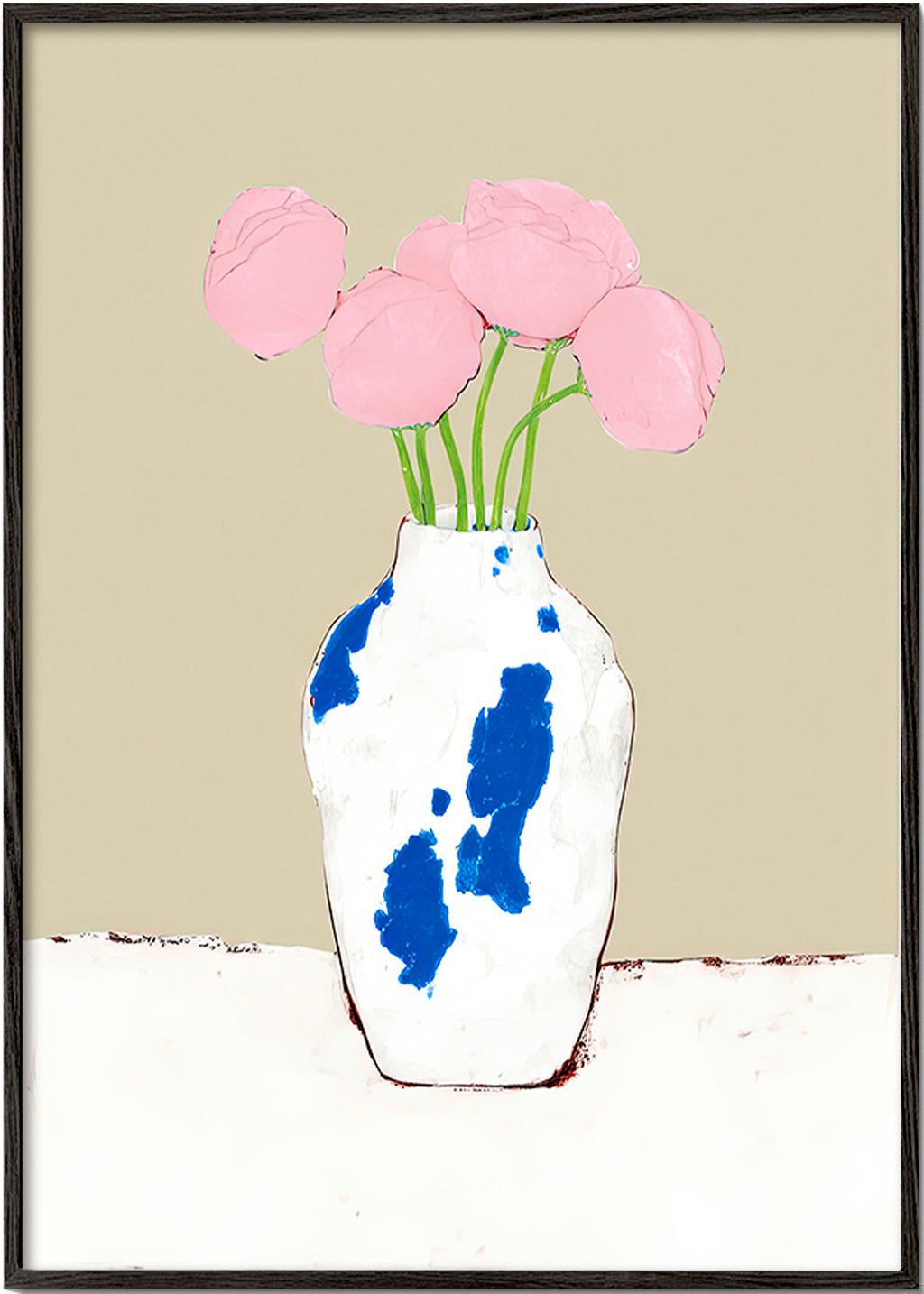 Botanische print met pioenrozen in blauwe vaas