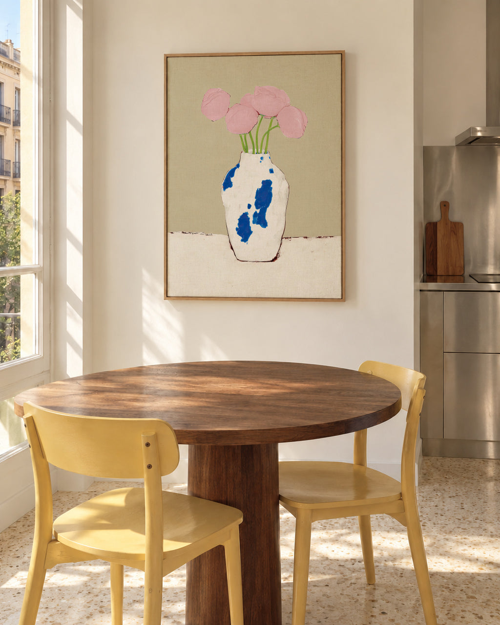 Peonies in Blue Vase - Framed canvas in an interior