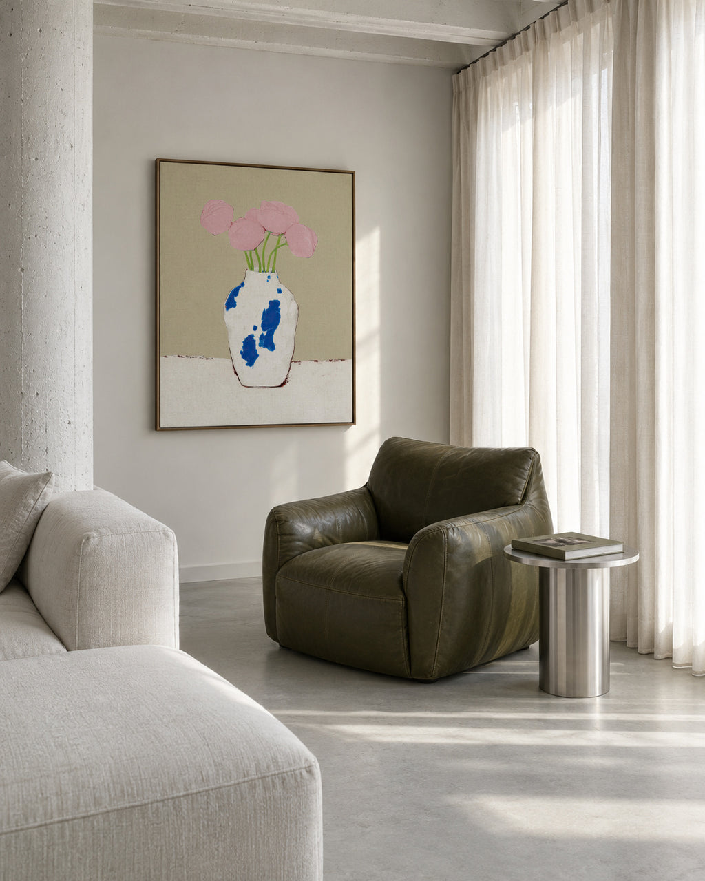 Peonies in Blue Vase - Framed canvas in an interior