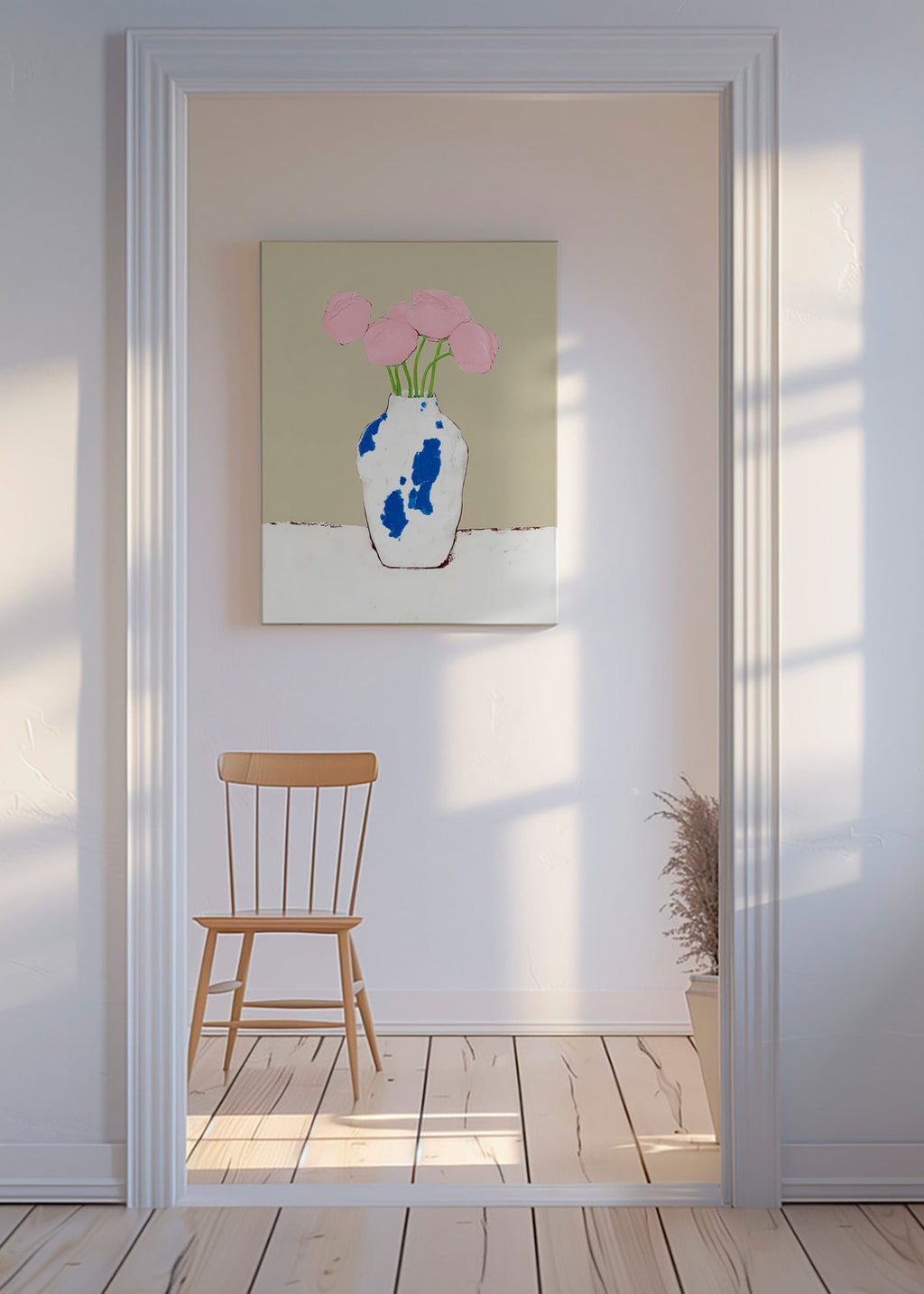 Botanische print met pioenrozen in blauwe vaas