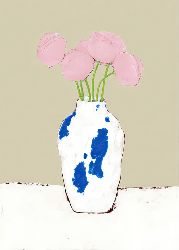 Botanische print met pioenrozen in blauwe vaas