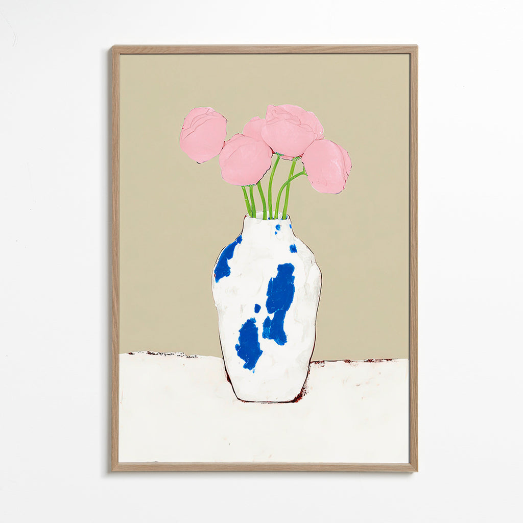 Botanische print met pioenrozen in blauwe vaas