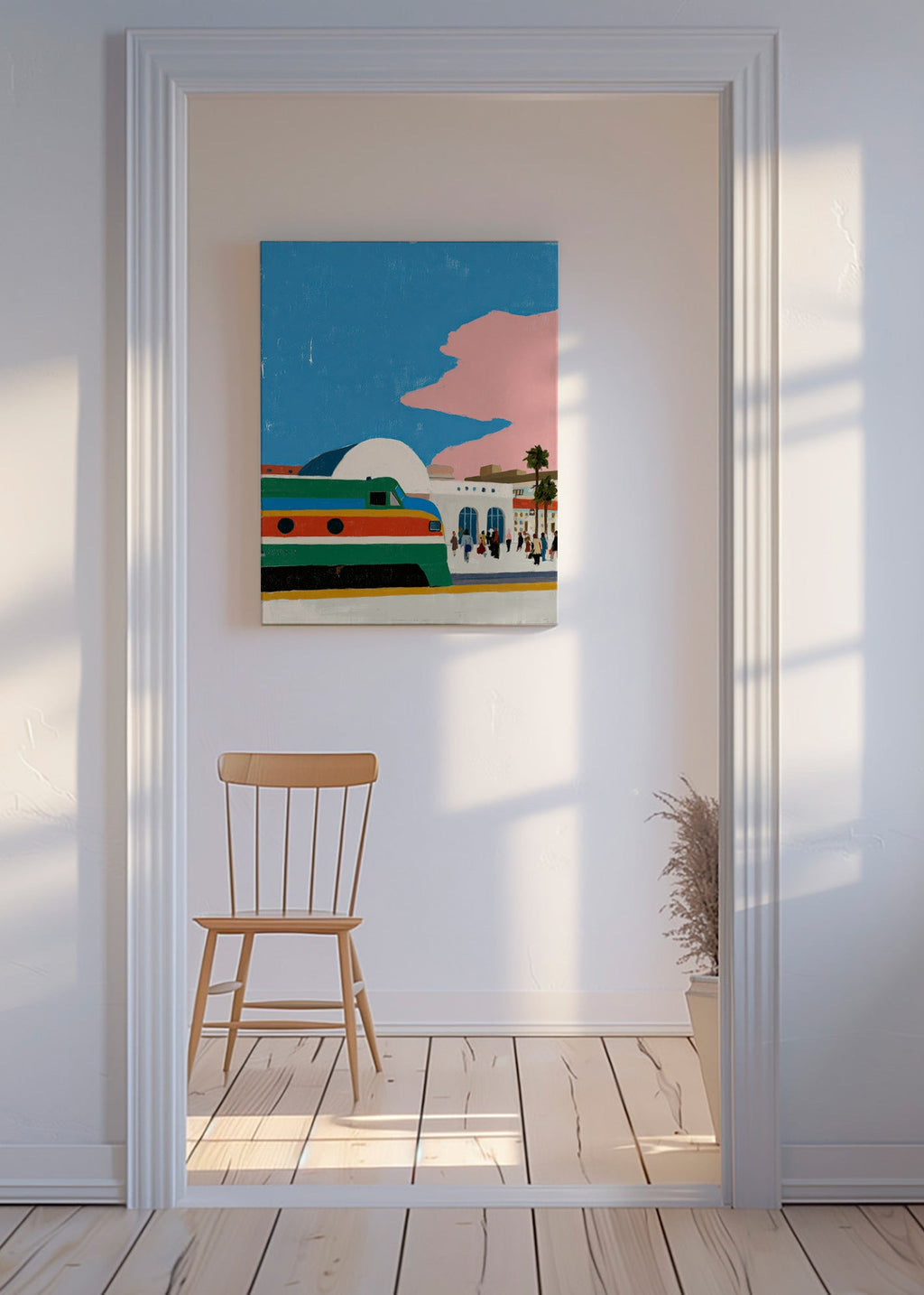 Treinstation kunstwerk met kleurrijke trein
