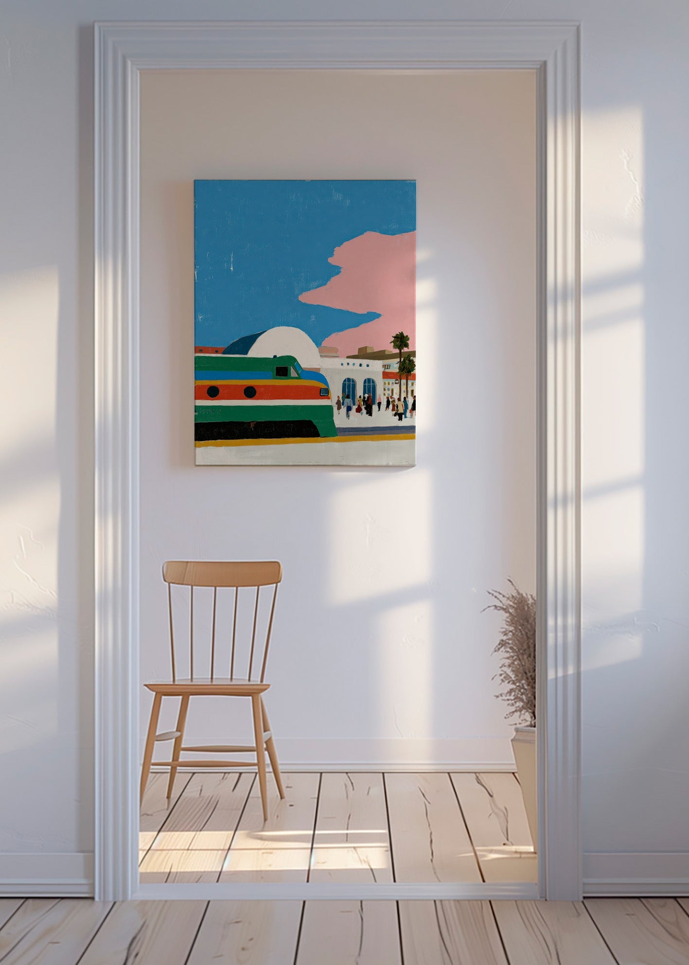Treinstation kunstwerk met kleurrijke trein