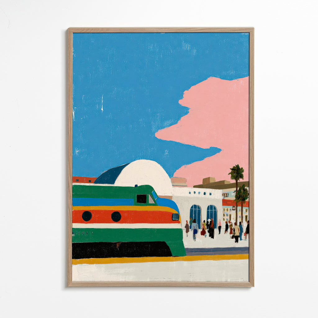Treinstation kunstwerk met kleurrijke trein