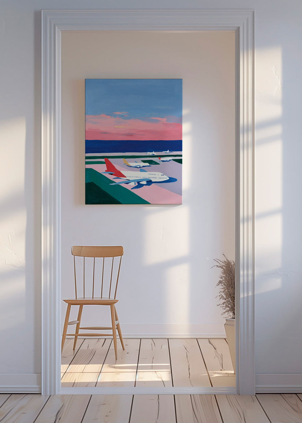 Reisposter met startbaan bij zonsondergang