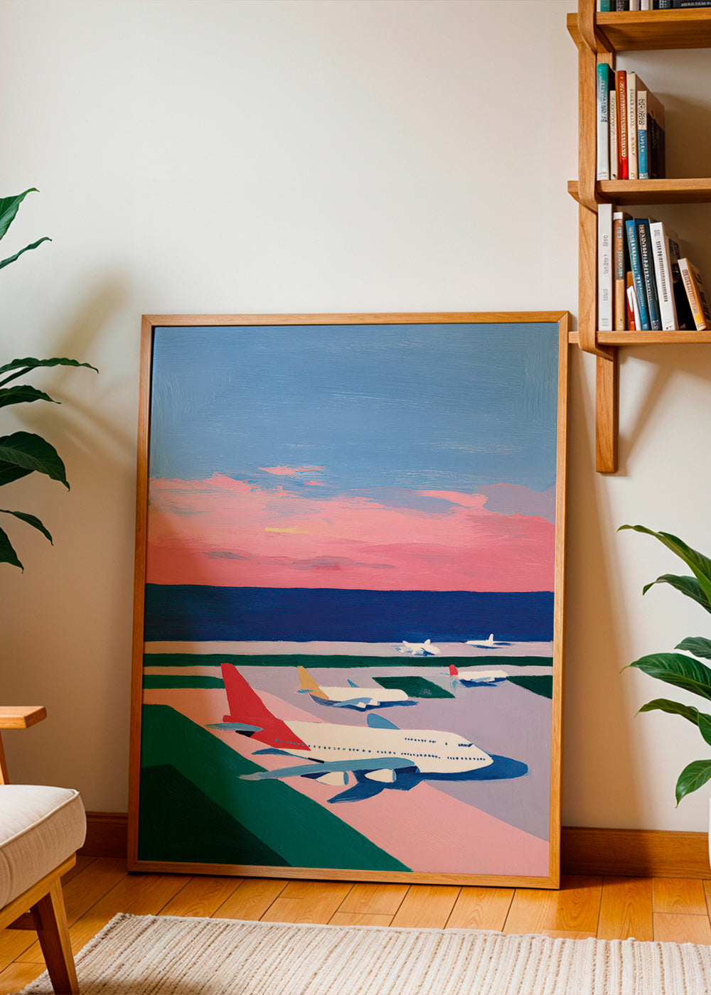 Reisposter met startbaan bij zonsondergang