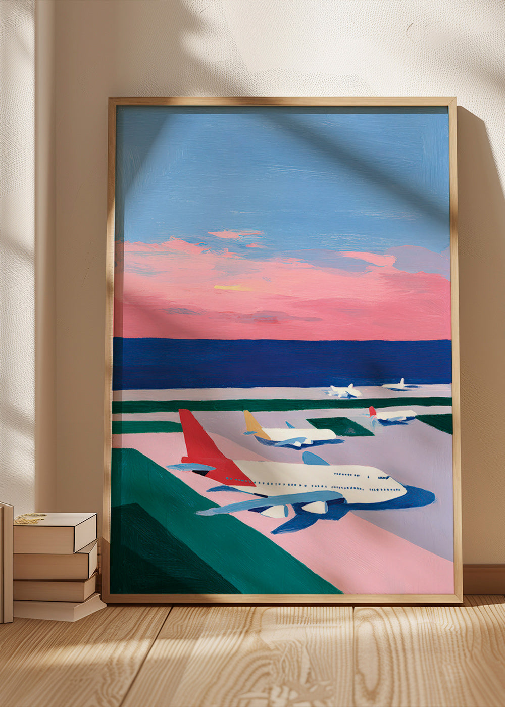 Reisposter met startbaan bij zonsondergang
