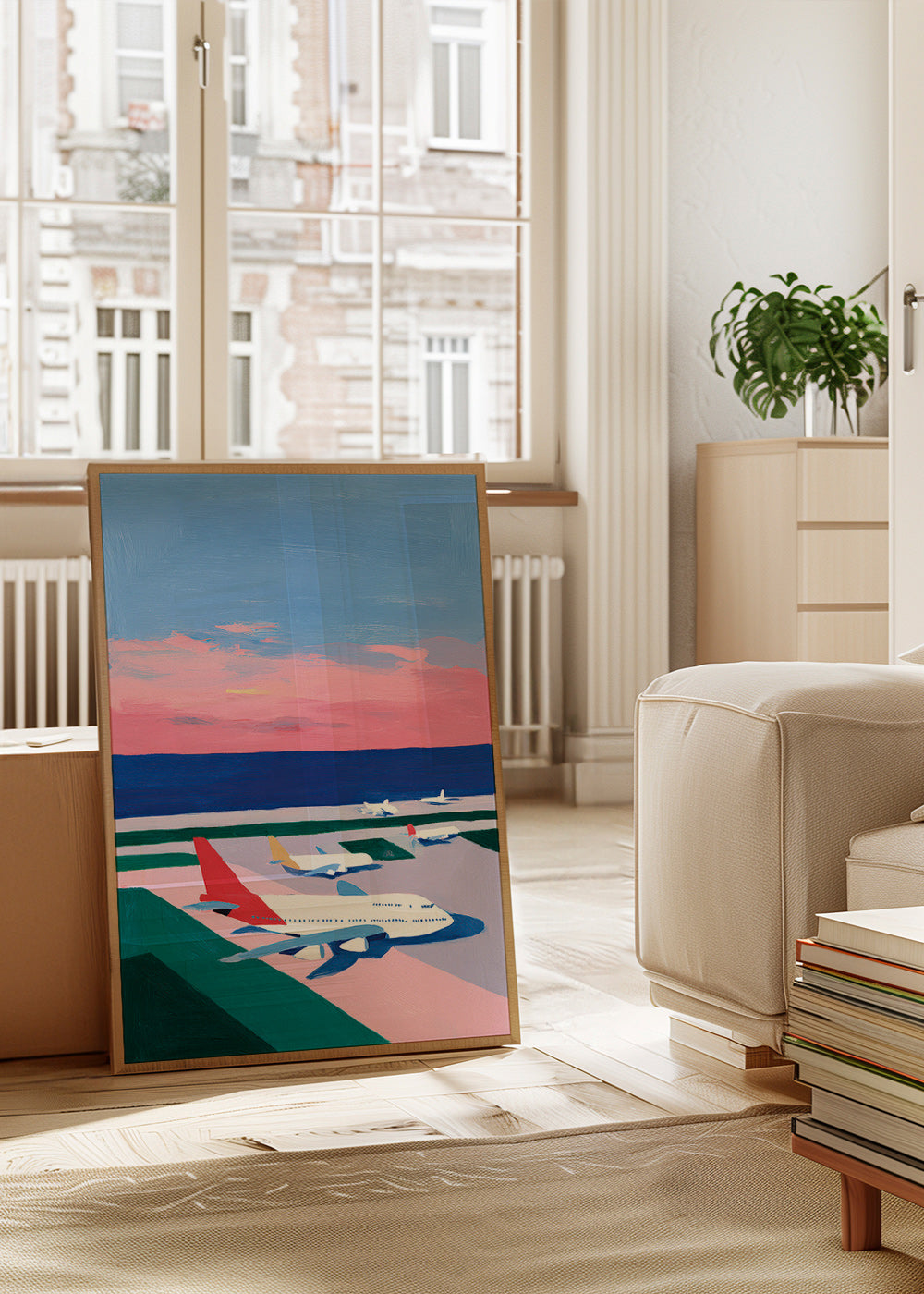 Reisposter met startbaan bij zonsondergang
