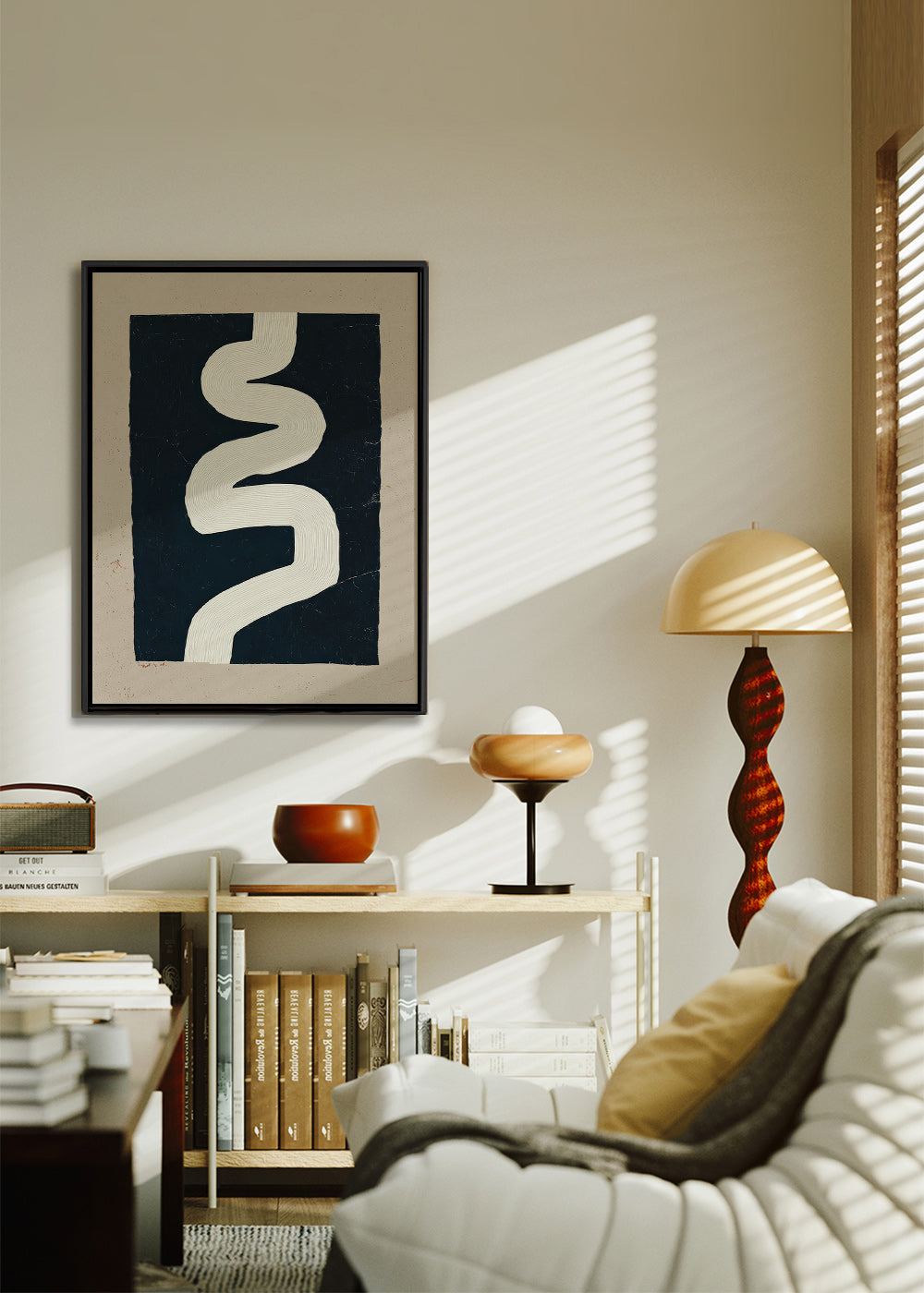 Minimalistische print witte curve op donker vlak