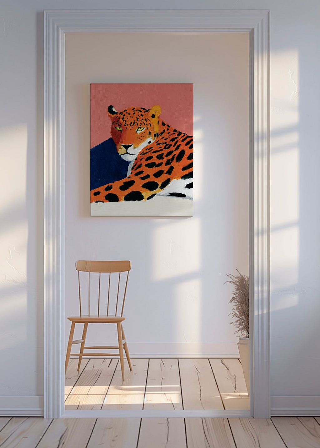 Kunstwerk: Rustende luipaard op roze achtergrond