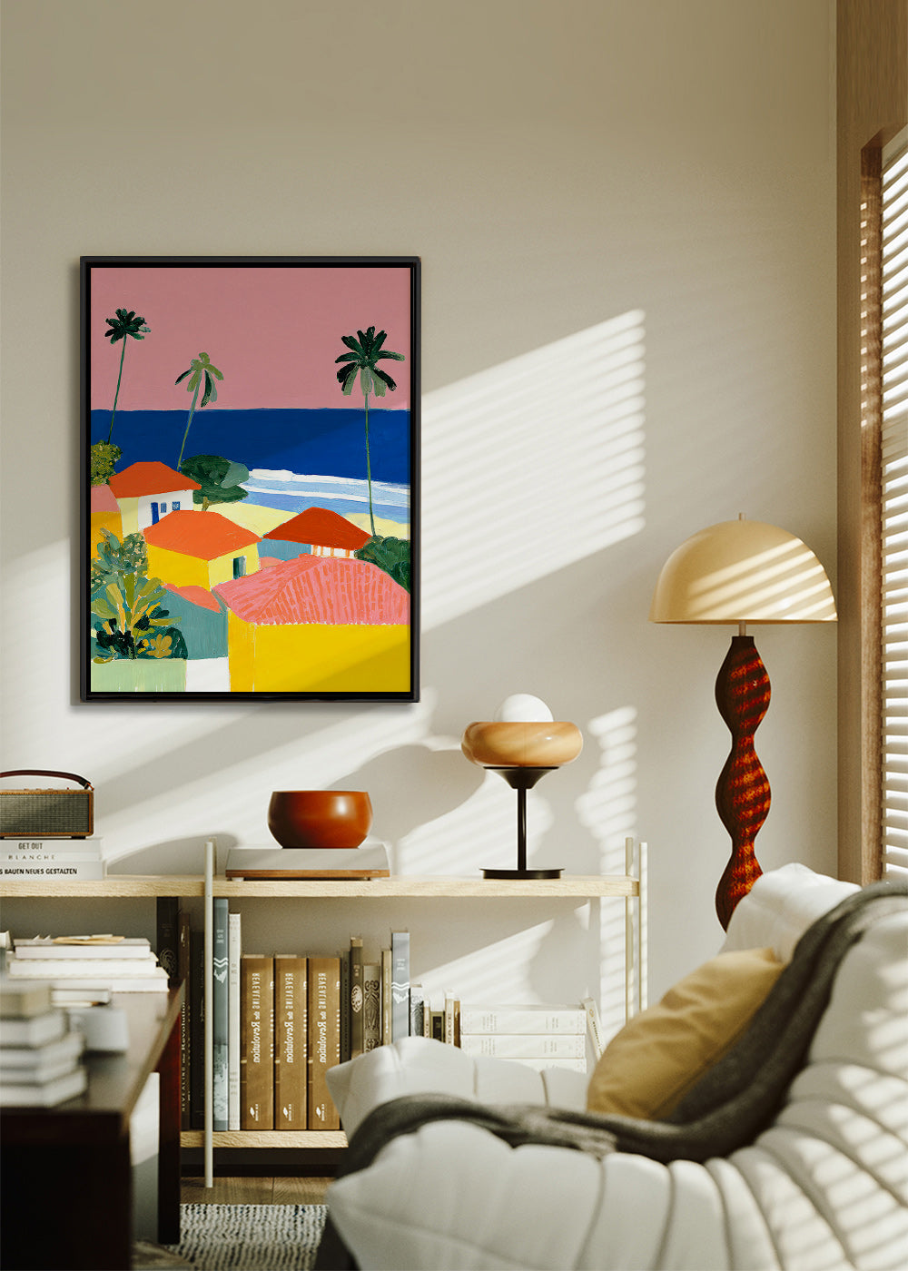 Landschap kunst: palmen en huizen in warme tinten