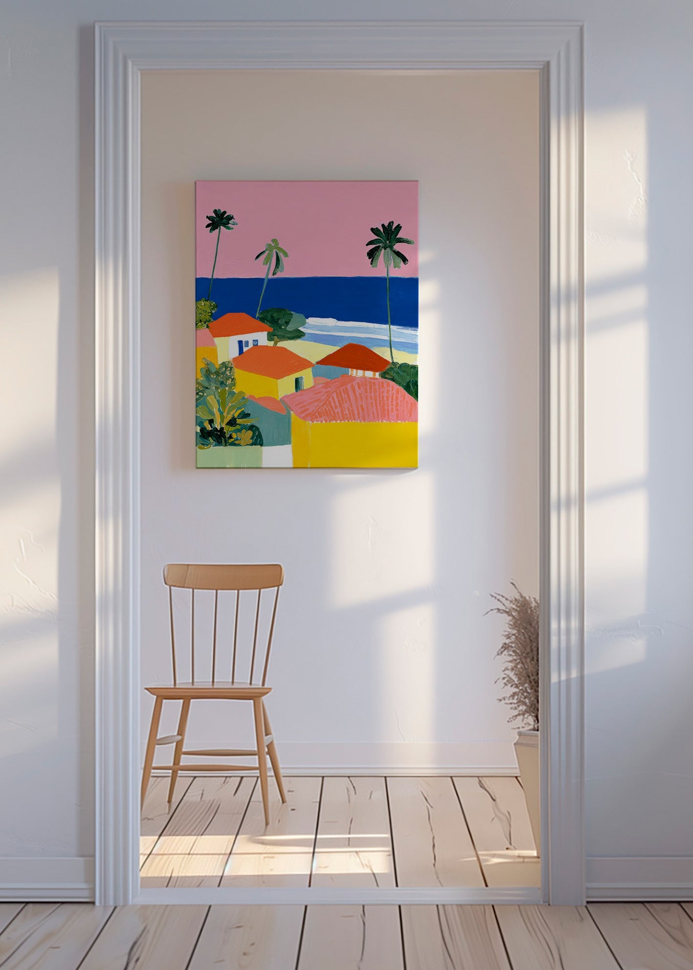 Landschap kunst: palmen en huizen in warme tinten