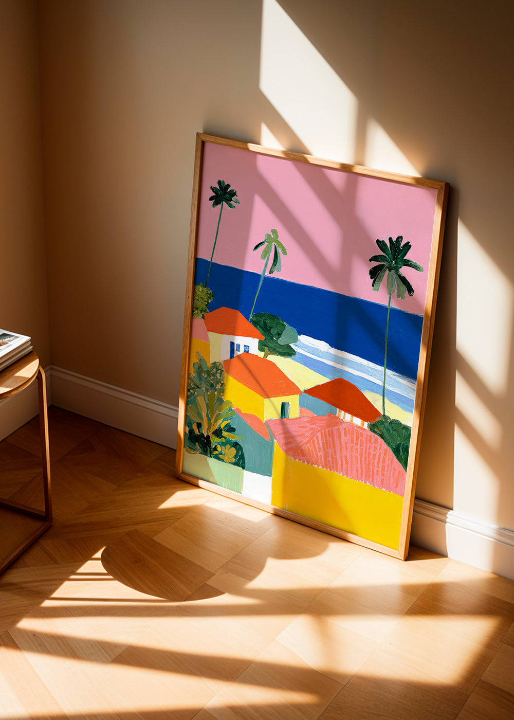 Landschap kunst: palmen en huizen in warme tinten