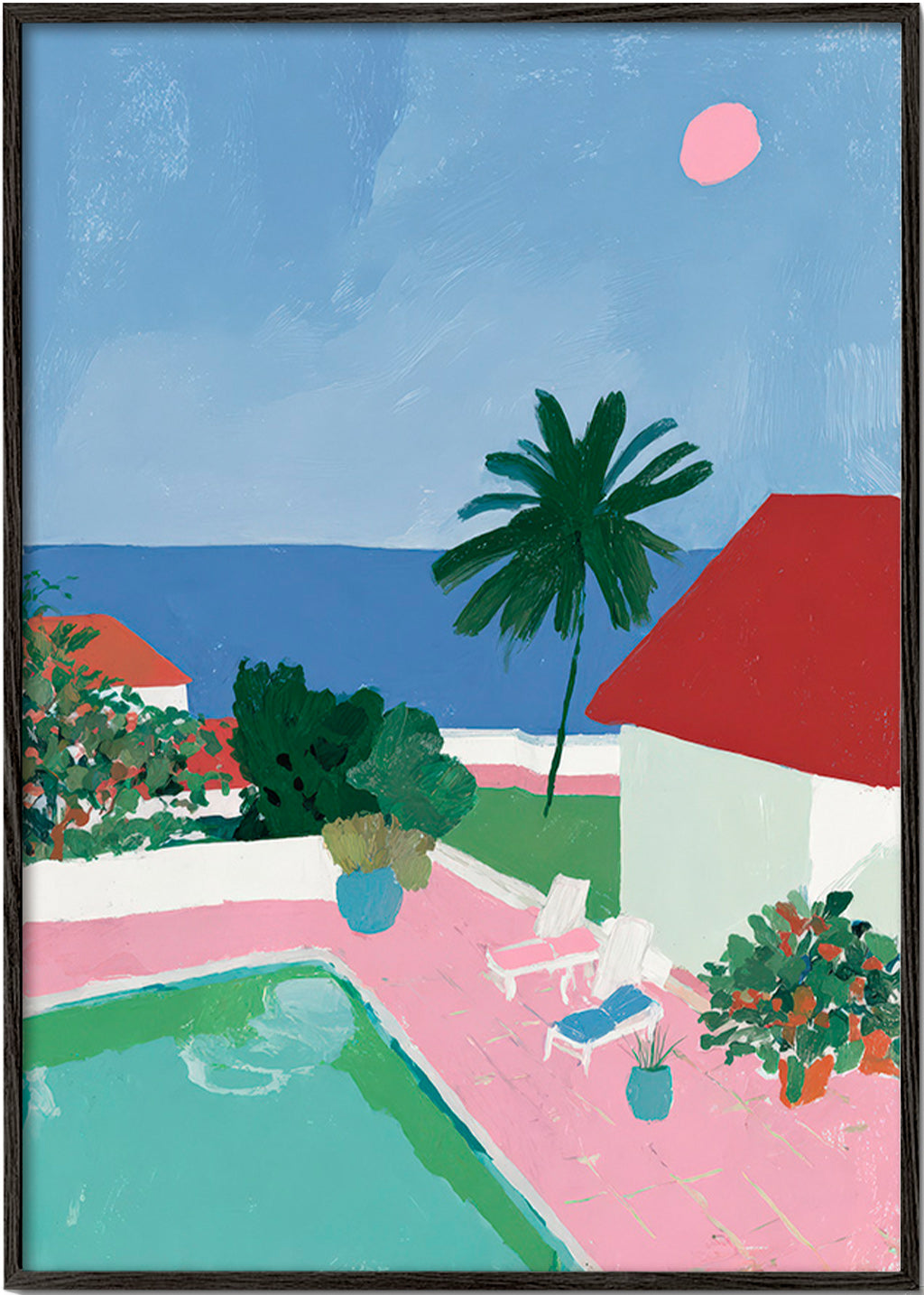 Landschap met zwembad, palmboom en rood dak