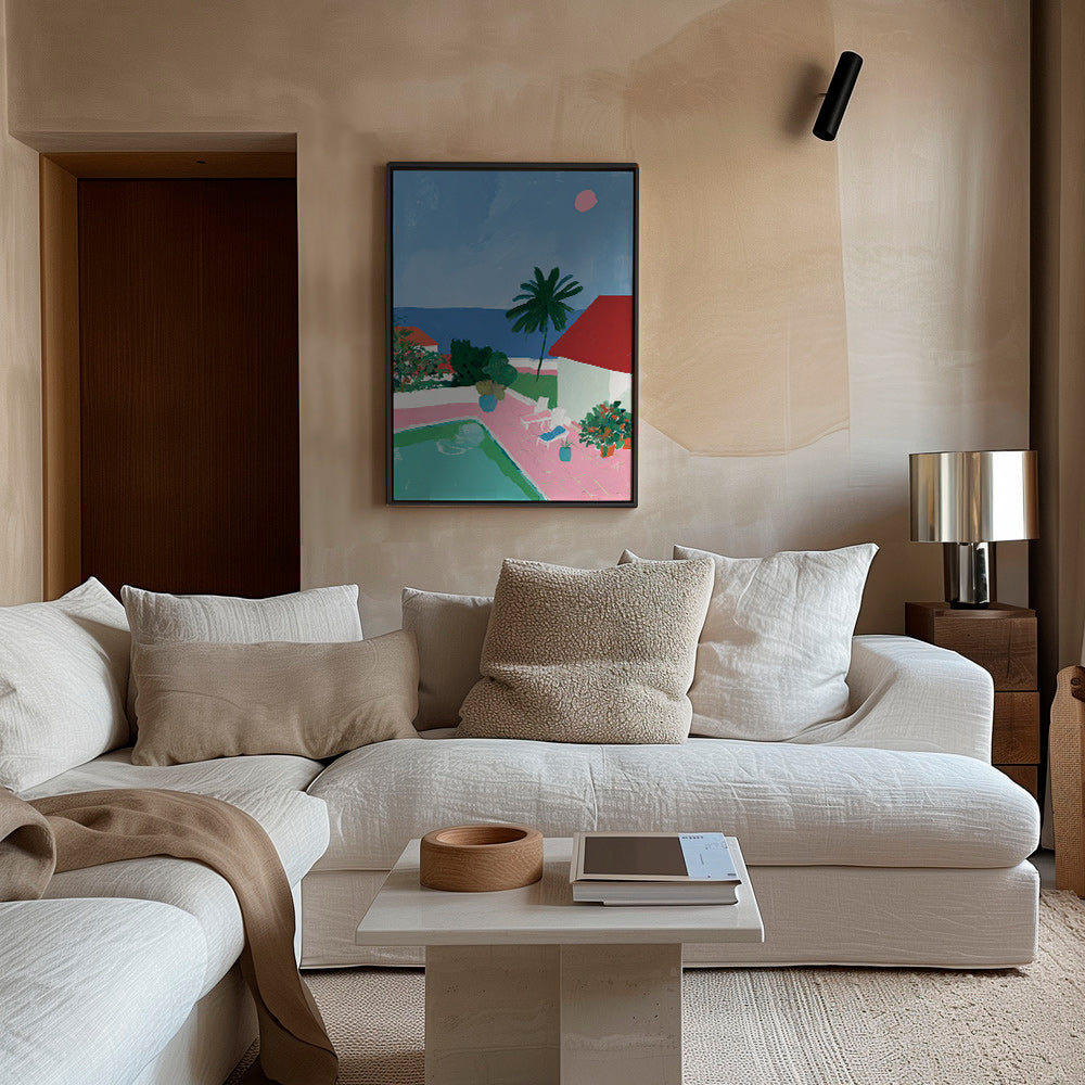 Landschap met zwembad, palmboom en rood dak