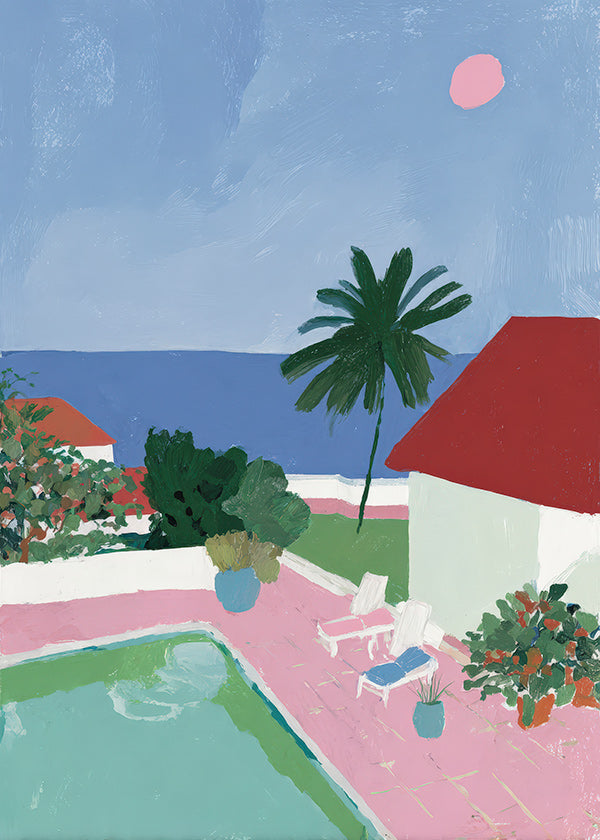Landschap met zwembad, palmboom en rood dak