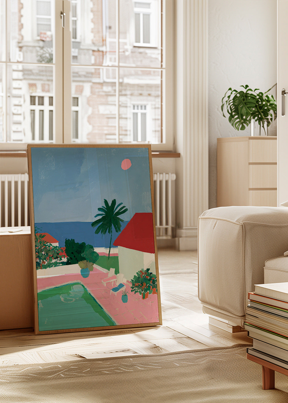 Landschap met zwembad, palmboom en rood dak