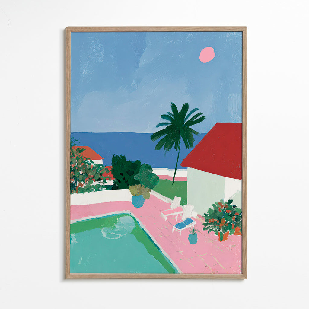 Landschap met zwembad, palmboom en rood dak