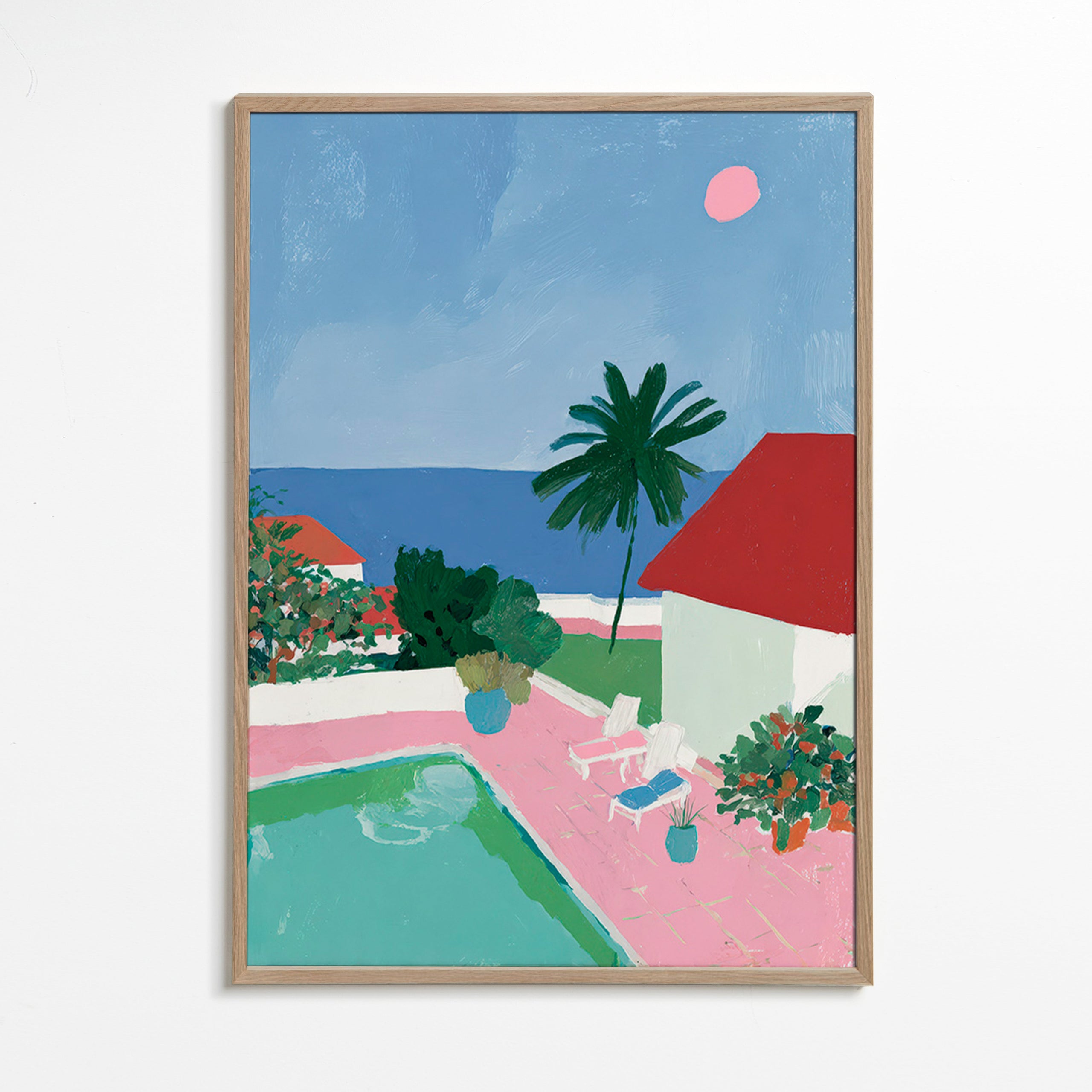 Landschap met zwembad, palmboom en rood dak