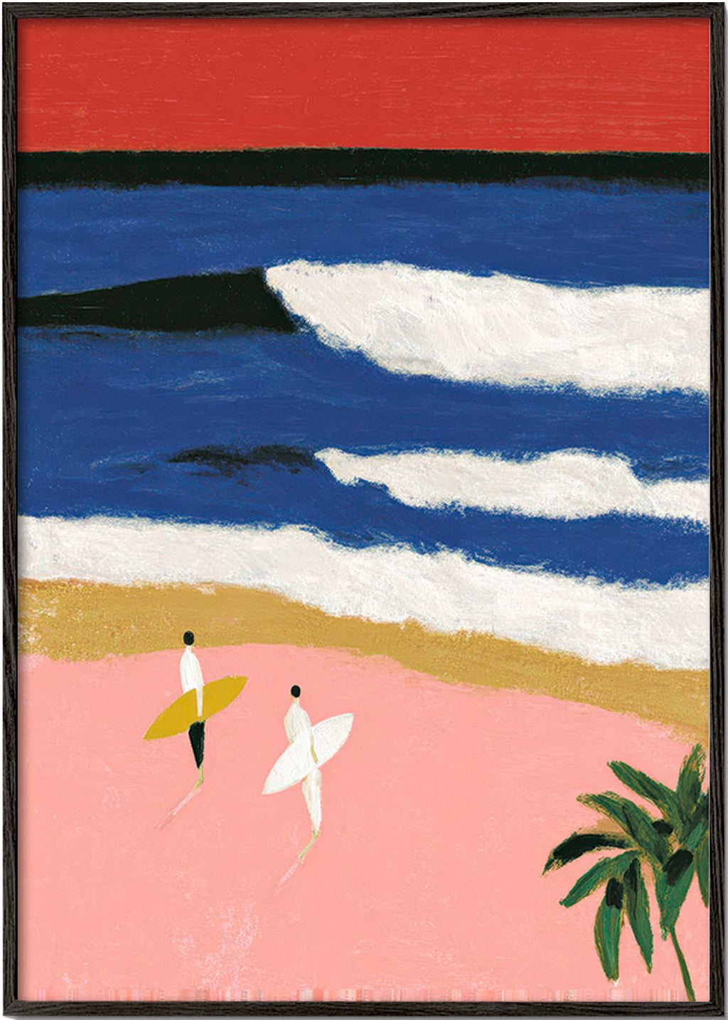 Landschapsschilderij met surfers en roze zand