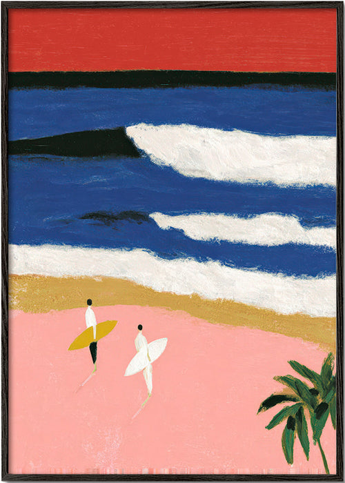 Landschapsschilderij met surfers en roze zand