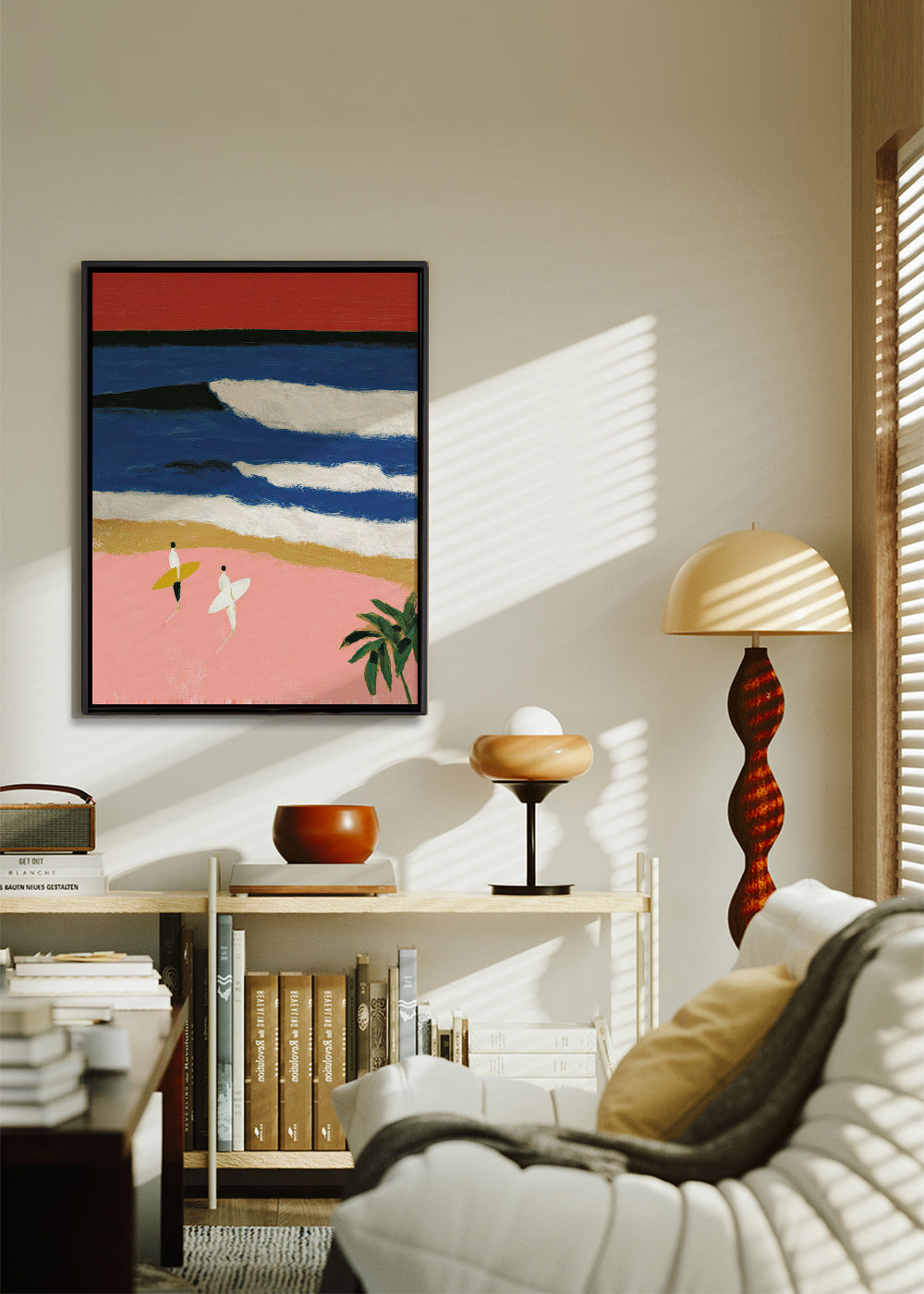 Landschapsschilderij met surfers en roze zand