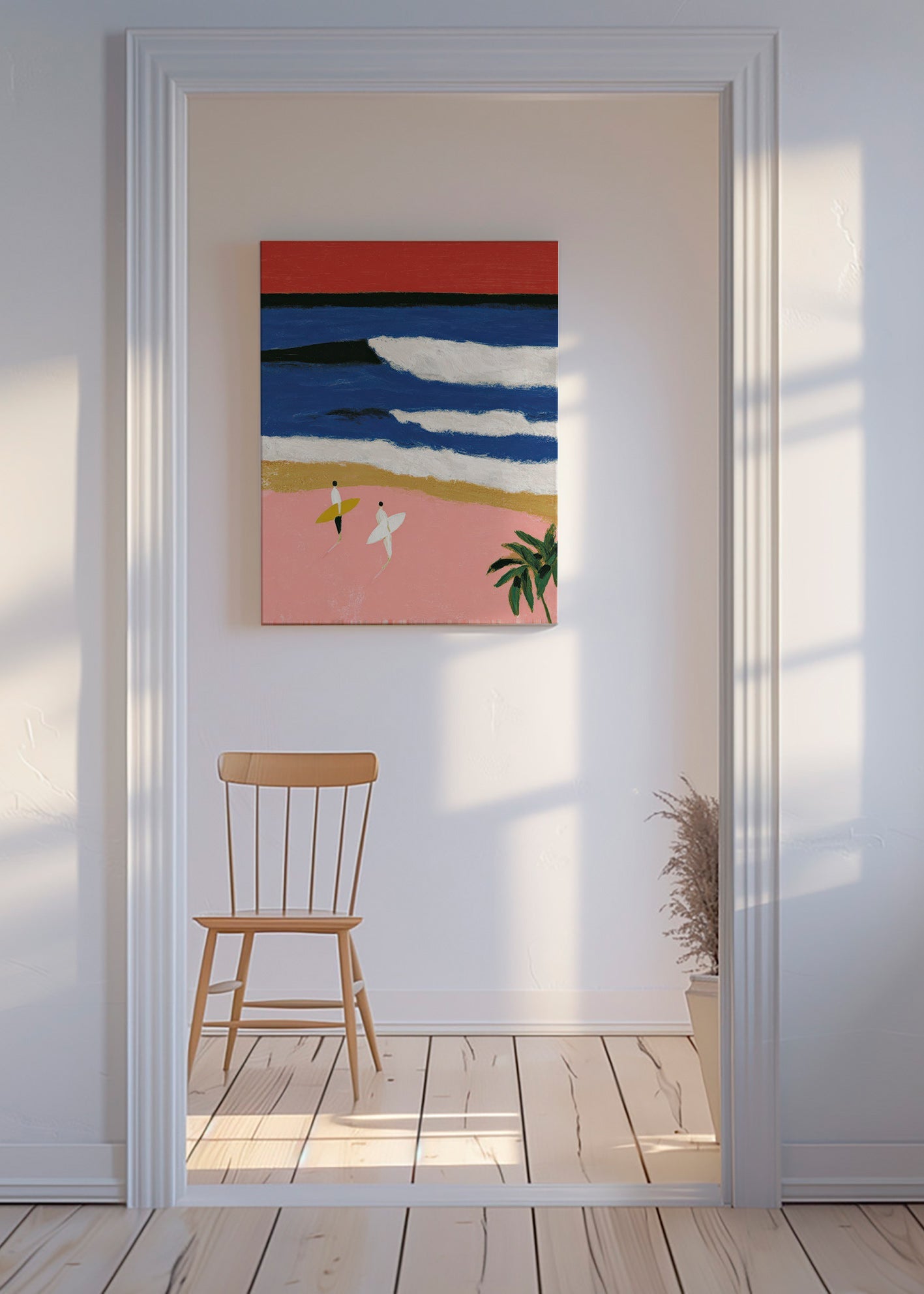 Landschapsschilderij met surfers en roze zand