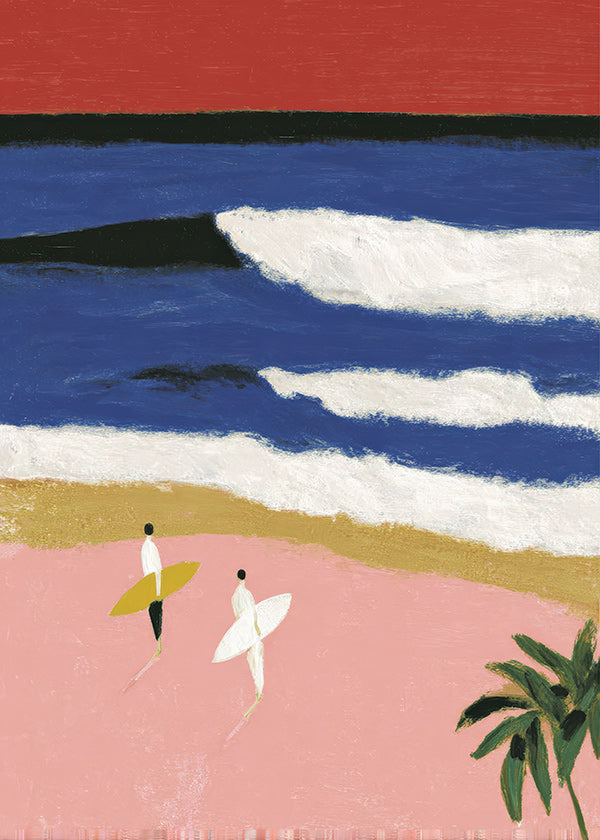 Landschapsschilderij met surfers en roze zand