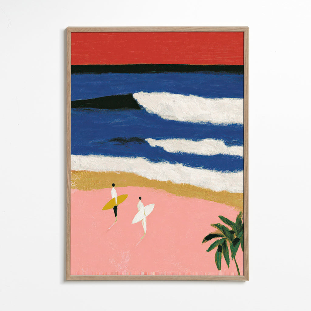 Landschapsschilderij met surfers en roze zand
