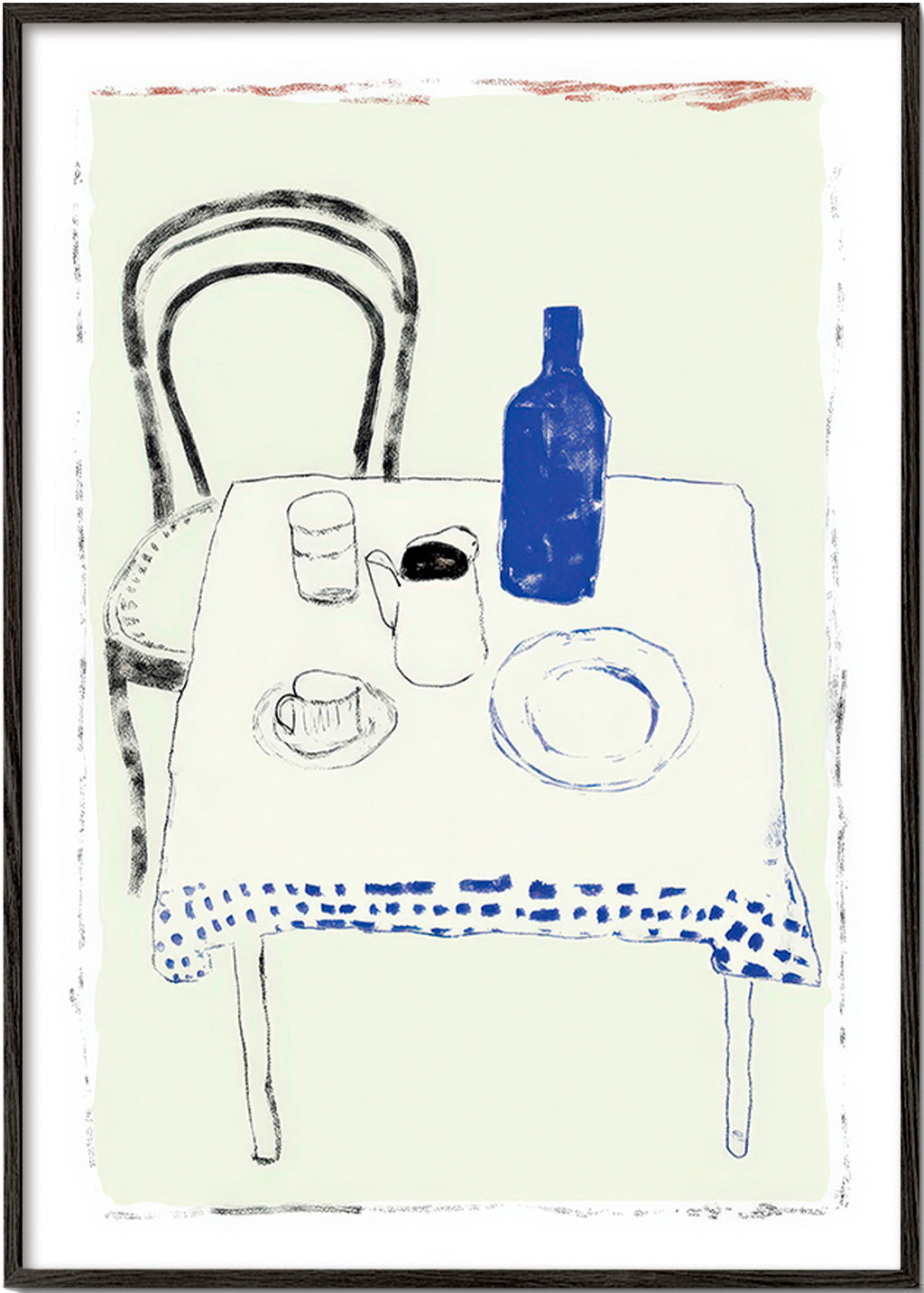 Keuken kunst met blauwe fles en minimalistisch servies