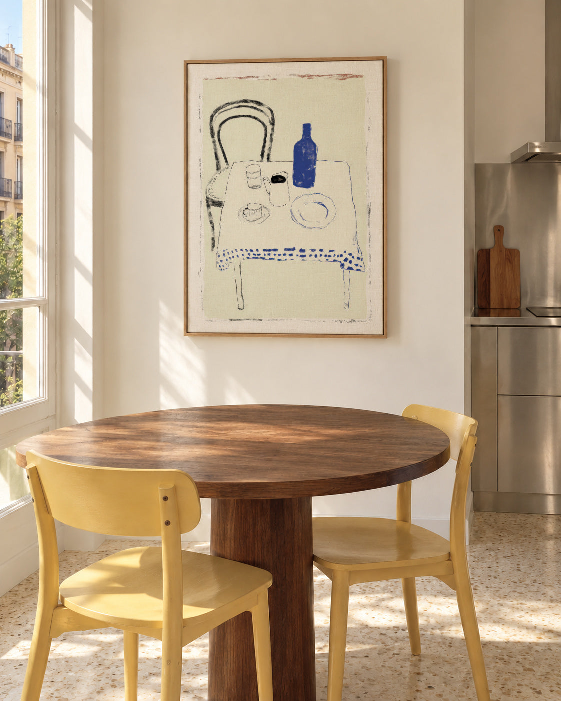 Blue Bottle Table - Framed canvas in an interior