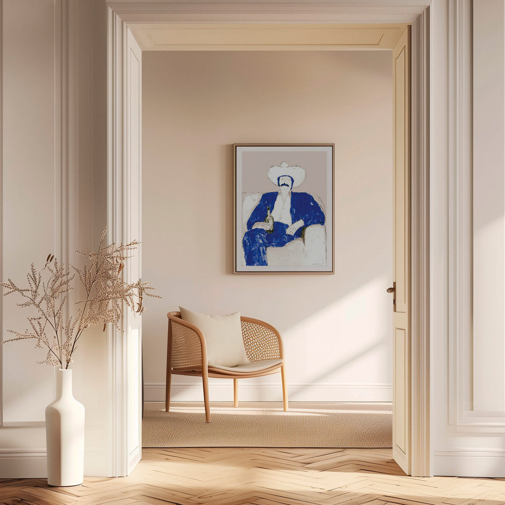 Illustratie van zittende blauwe cowboy