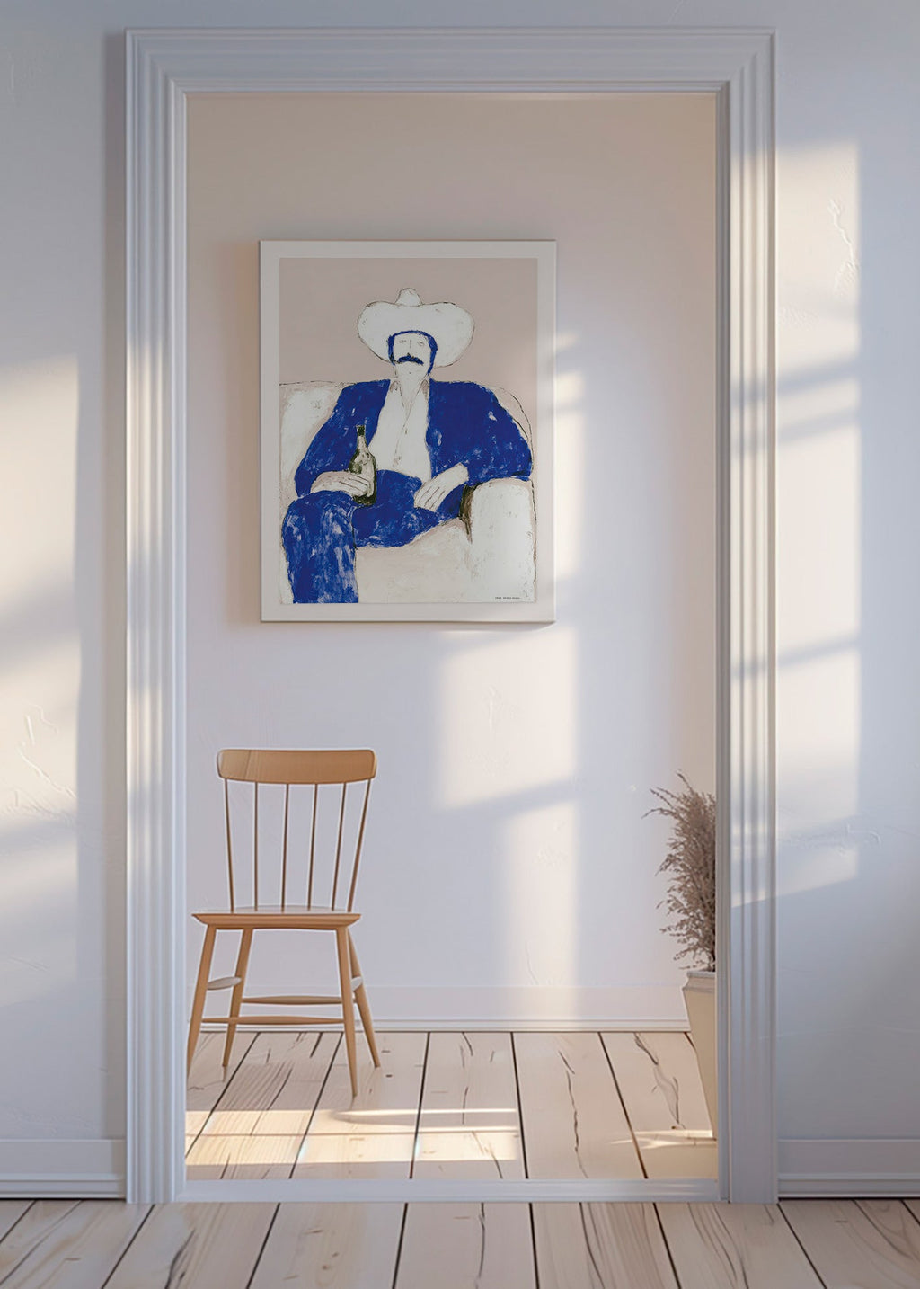 Illustratie van zittende blauwe cowboy
