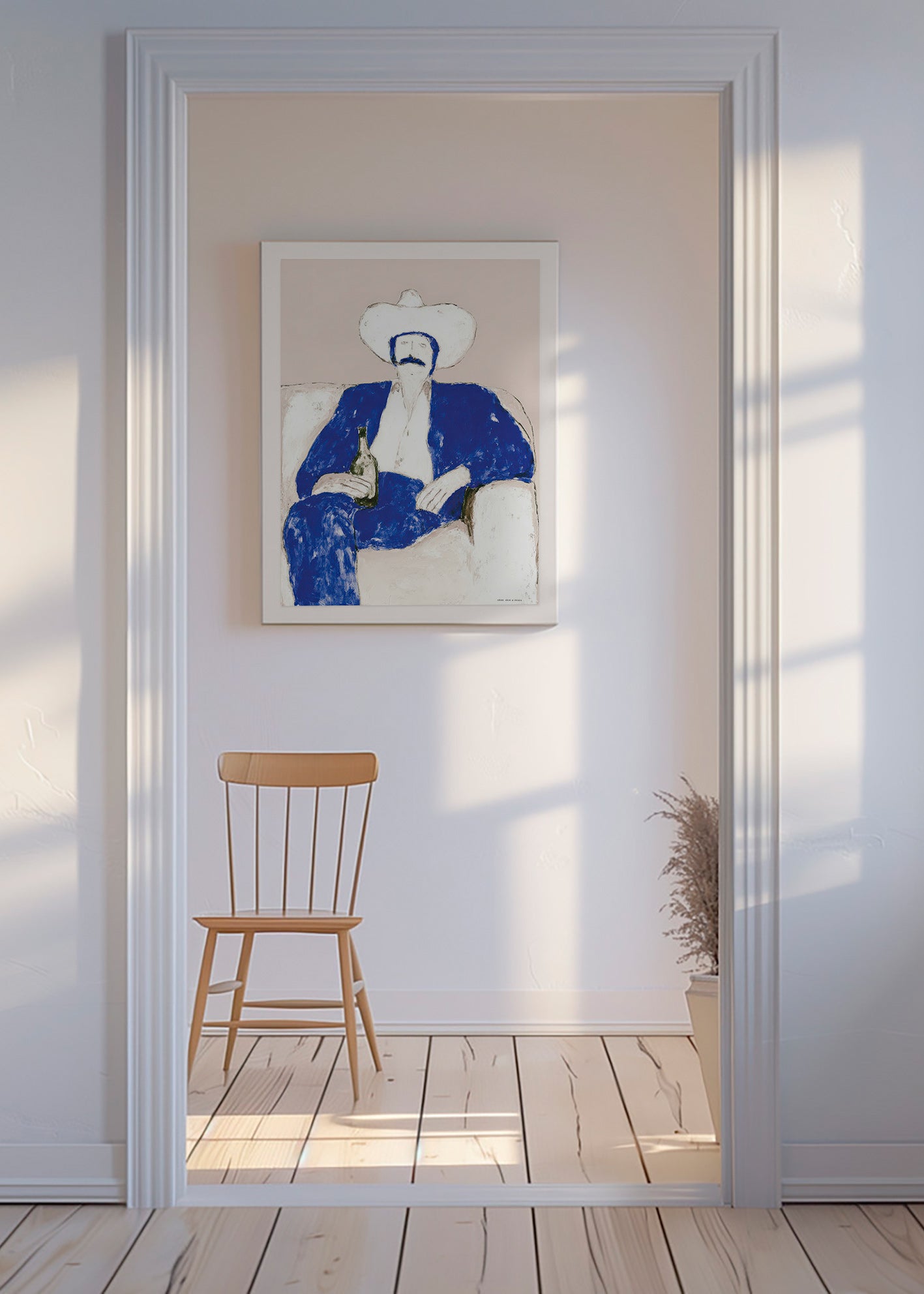 Illustratie van zittende blauwe cowboy