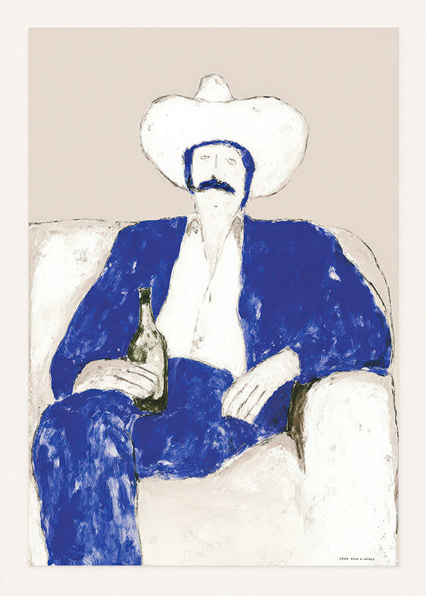 Illustratie van zittende blauwe cowboy