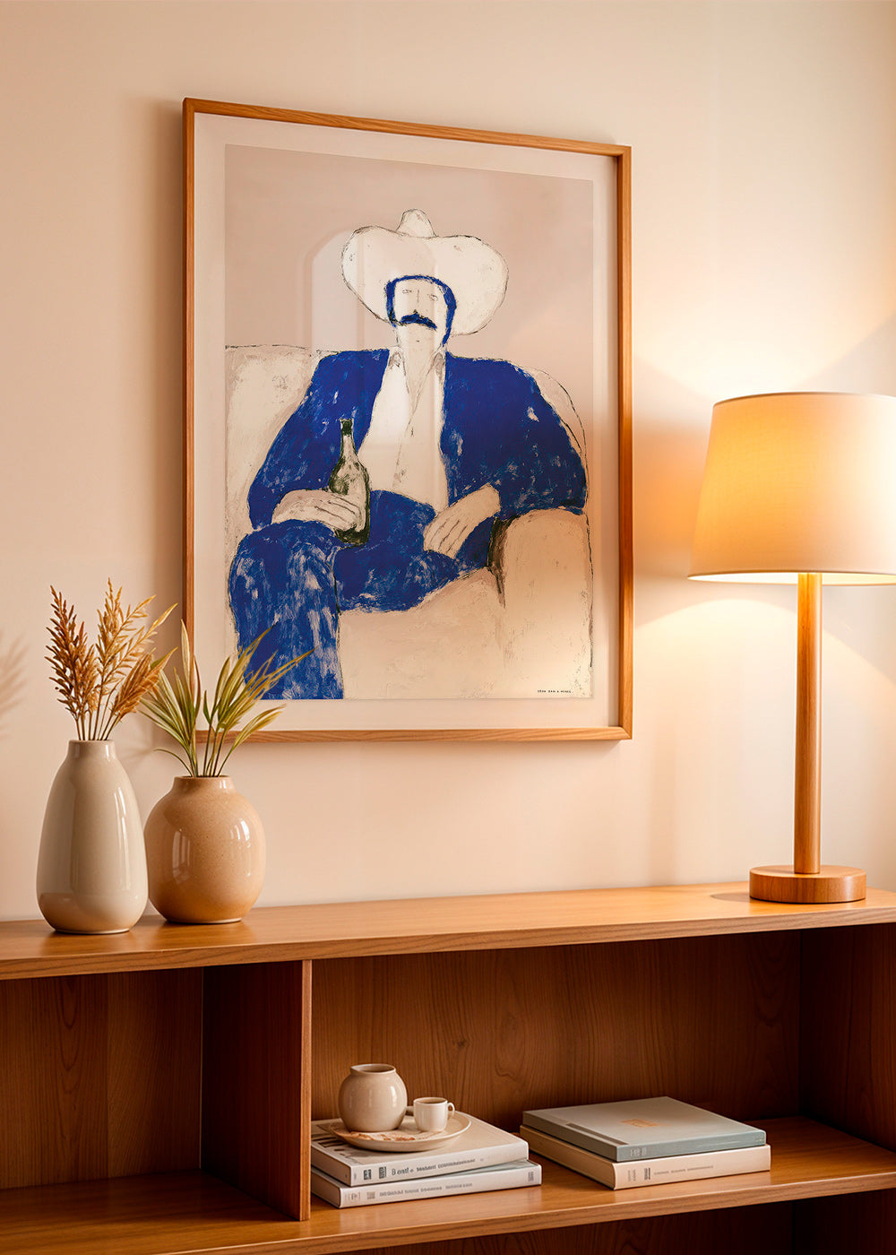 Illustratie van zittende blauwe cowboy