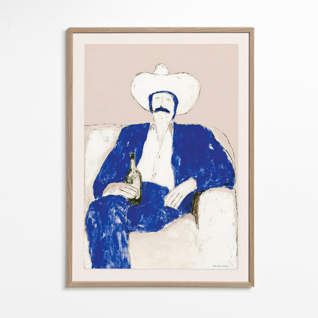 Illustratie van zittende blauwe cowboy