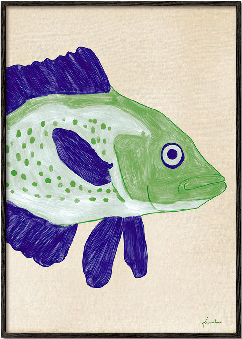 Vissenillustratie groen lichaam met blauwe streken