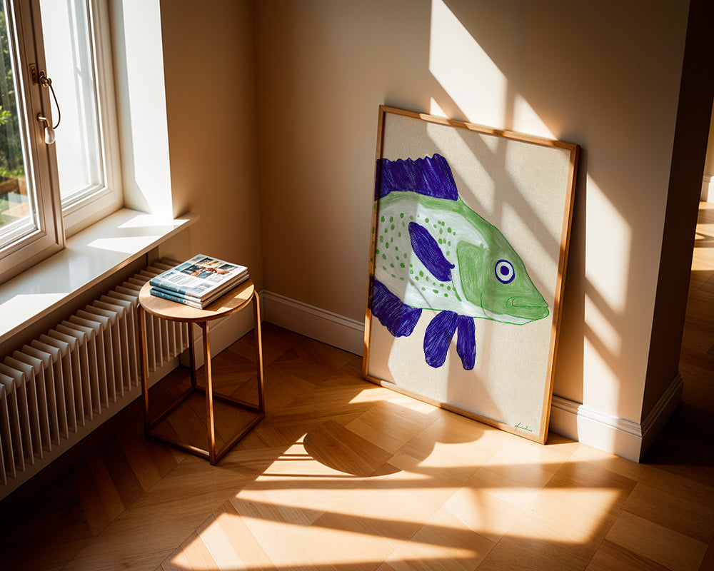 Vissenillustratie groen lichaam met blauwe streken