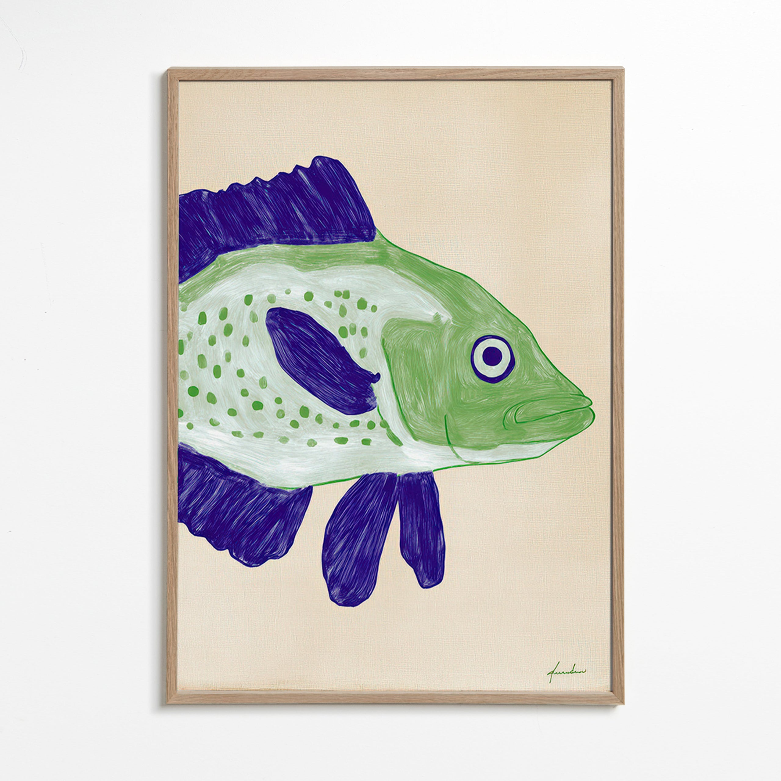 Vissenillustratie groen lichaam met blauwe streken