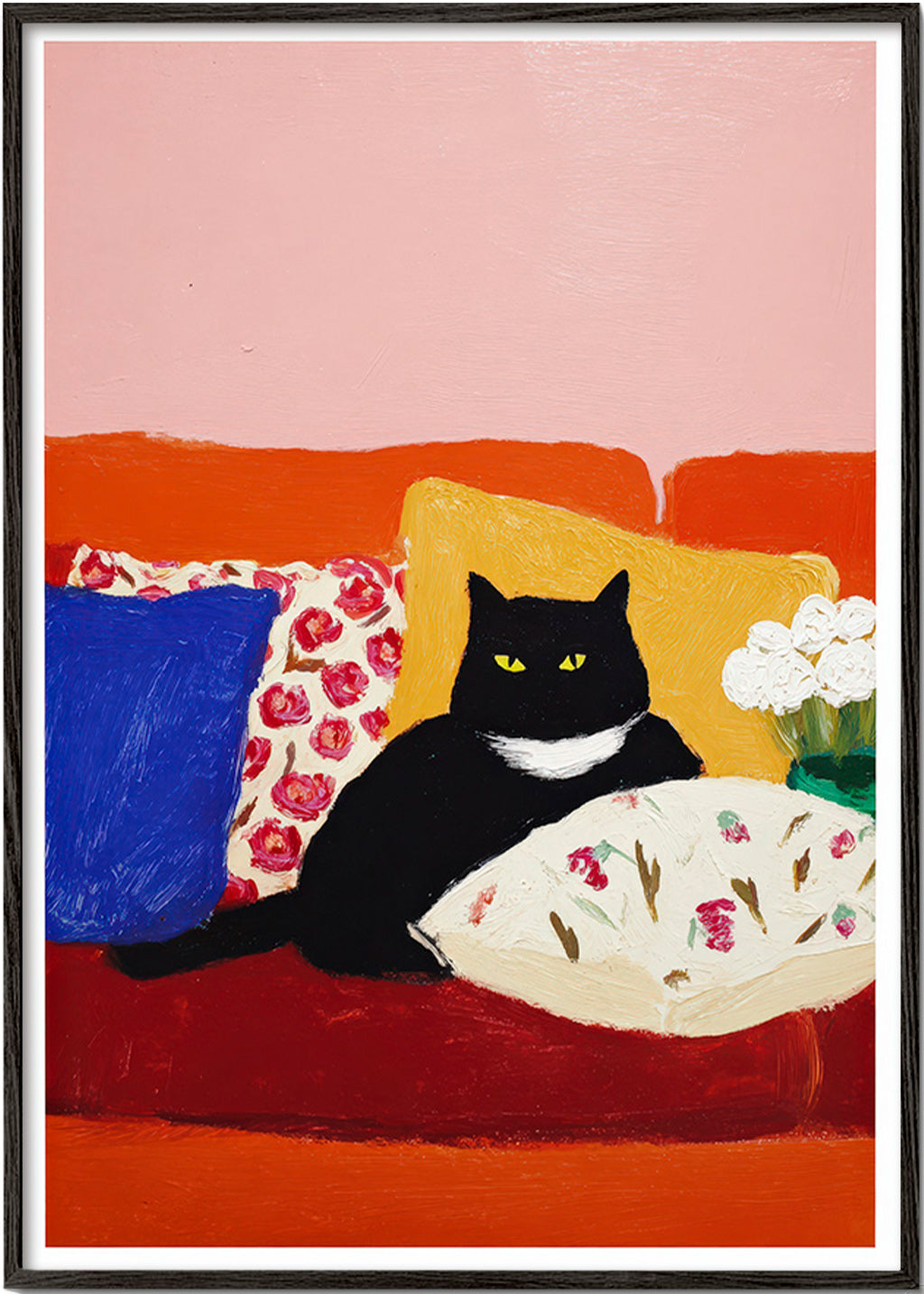 Kunstwerk zwarte kat op kleurrijke bank