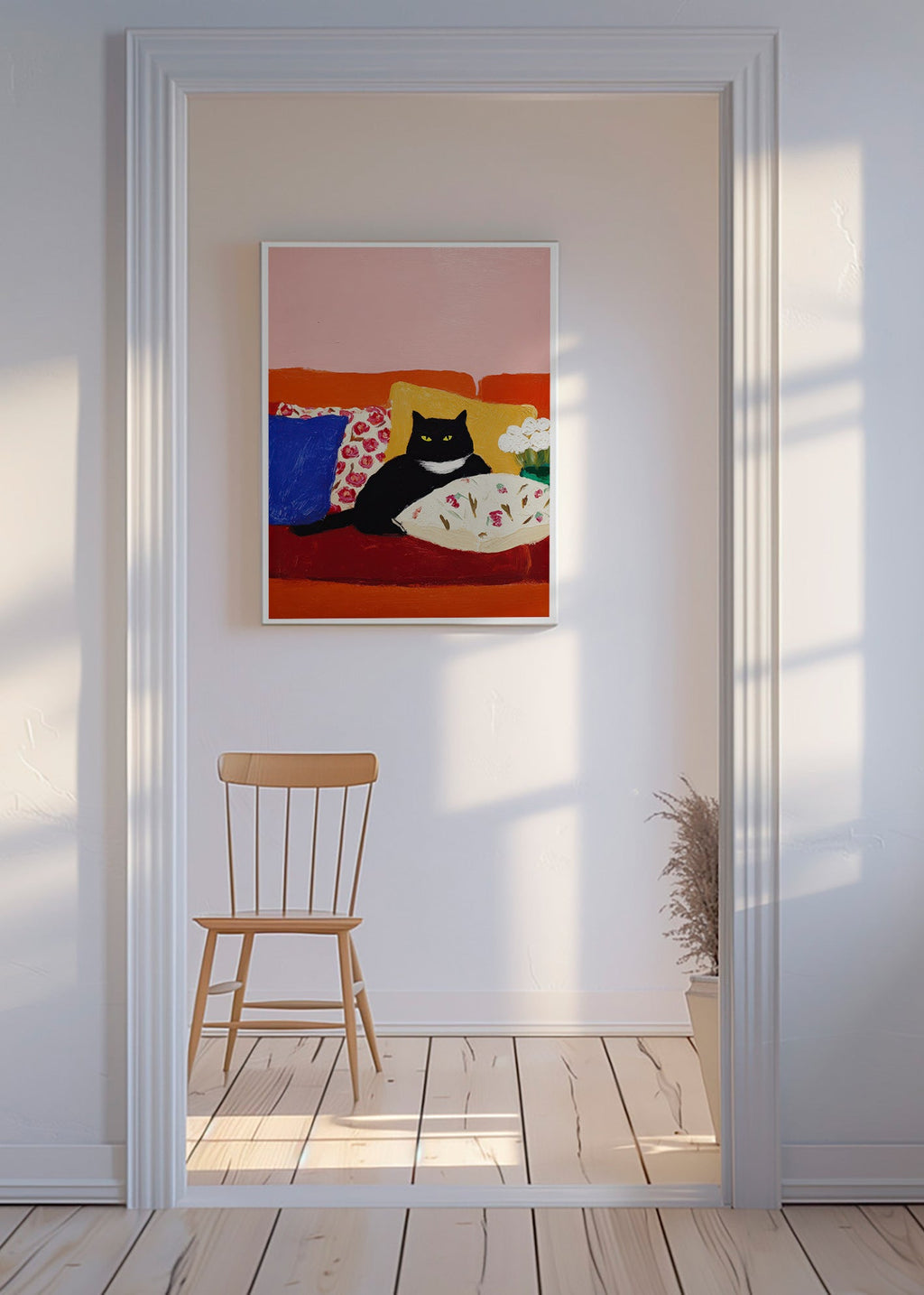 Kunstwerk zwarte kat op kleurrijke bank
