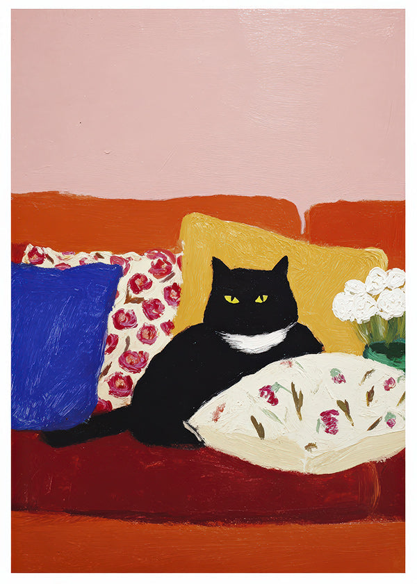 Kunstwerk zwarte kat op kleurrijke bank