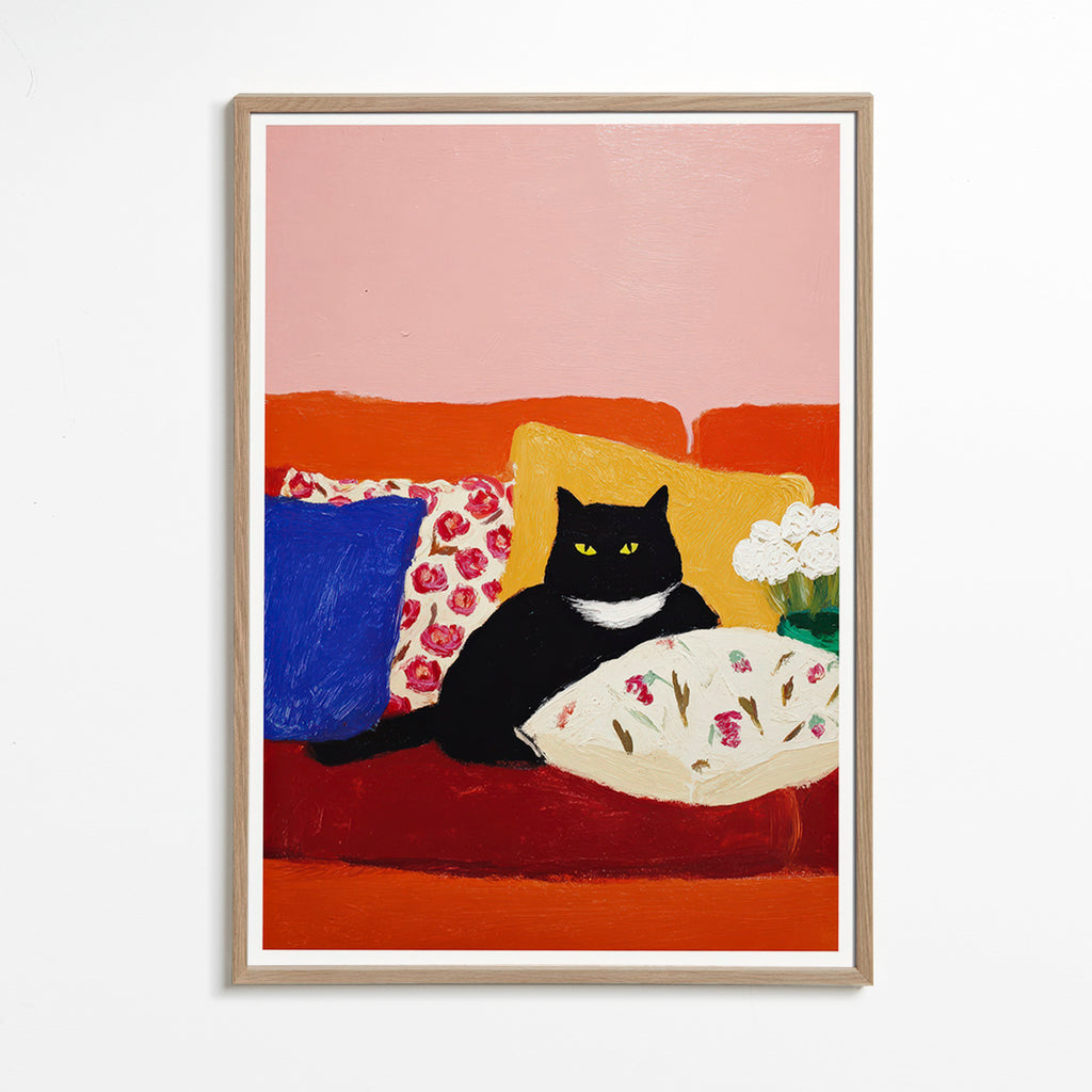 Kunstwerk zwarte kat op kleurrijke bank